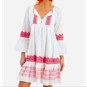 ROLLER RABBIT MONA BORDER MARICRUZ WHITE RED RUFFLE TRIM MINI SHIFT DRESS XS